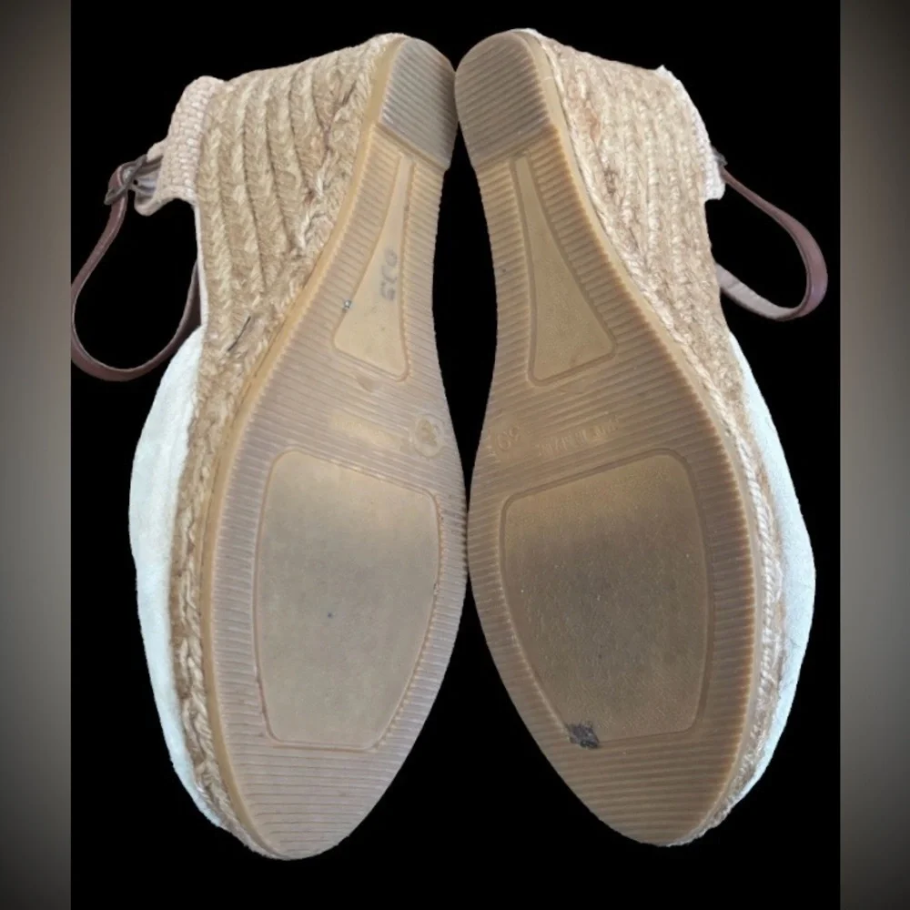 Giamo Anthro beige suede 3” wedge heel espadrilles w brwn lthr strp SZ 8 coastal